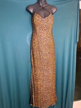 Like New Strappy Gold and Black Speckled Evening Maxi Dress